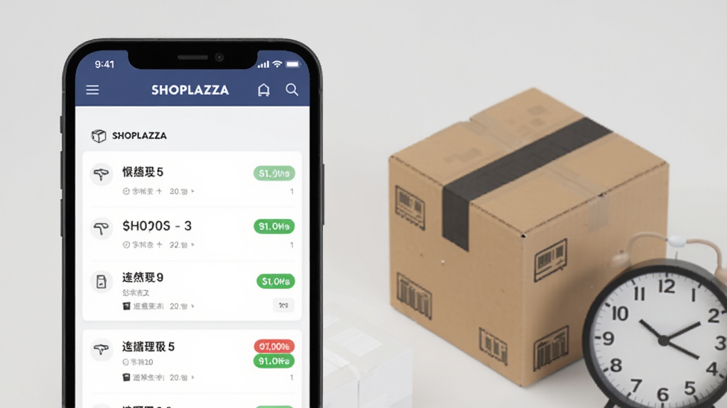 SHOPLAZZA应用订单管理界面截图风格图片,手机屏幕显示订单列表和状态标签,旁边有快递盒和时钟元素,背景为浅灰色,风格简约商务,画质高清,画面干净,无多余元素
