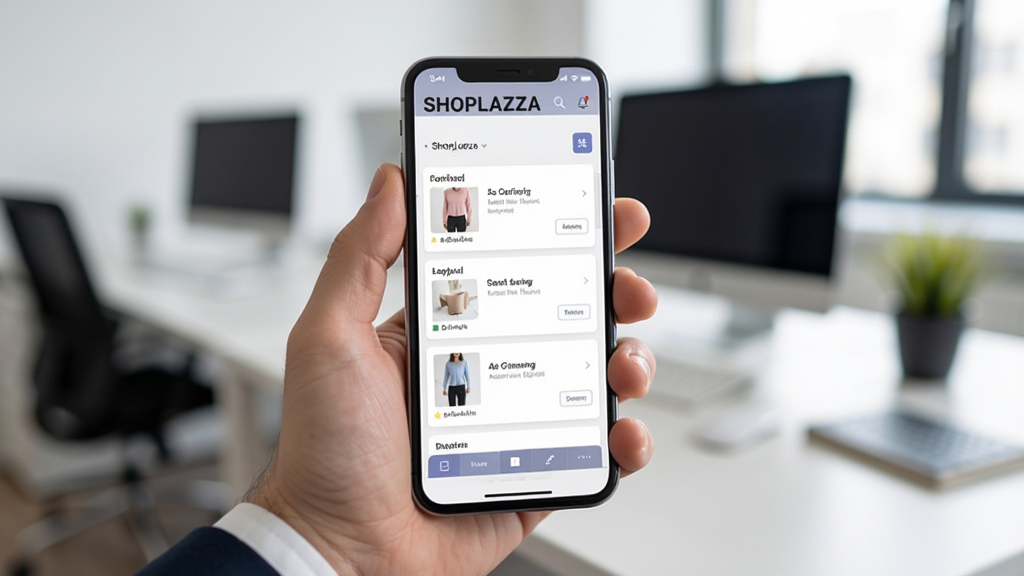 SHOPLAZZA应用在手机上的使用场景图,画面展示一只手拿着手机,屏幕显示店铺管理界面,背景为模糊的办公室环境,风格写实商务,画质高清,画面干净,无多余元素