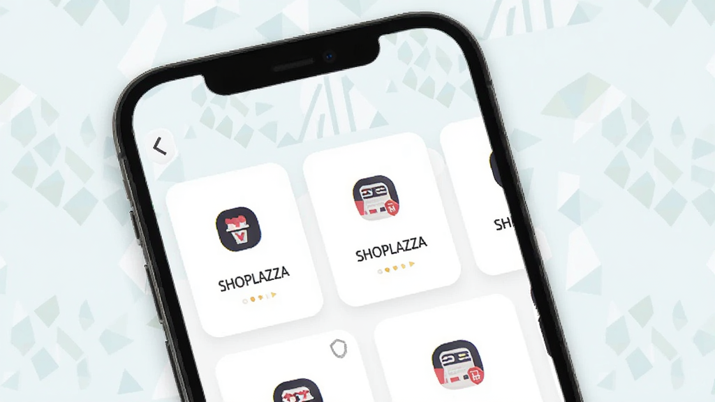 SHOPLAZZA多店铺管理界面示意图,手机屏幕显示多个店铺卡片切换,每个卡片有店铺图标和名称,背景为浅色几何图案,风格现代简约,画质高清,画面干净,无多余元素