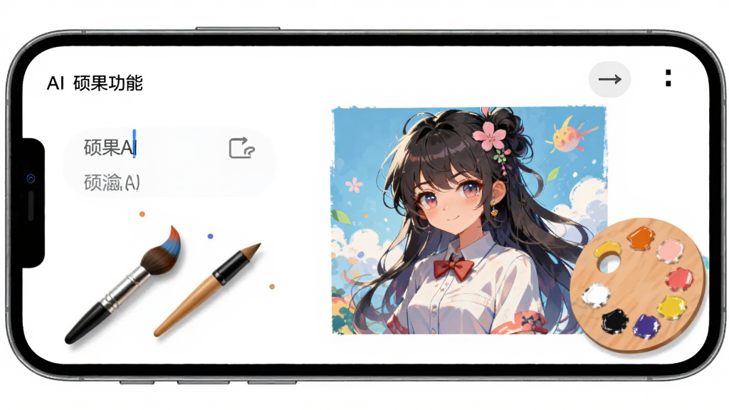 硕果AI的AI绘画功能界面,手机屏幕展示文字输入框和生成的动漫风格插画,画面中有画笔和调色板元素点缀,背景为纯白色,风格清新,排版整洁,画质清晰,无多余元素