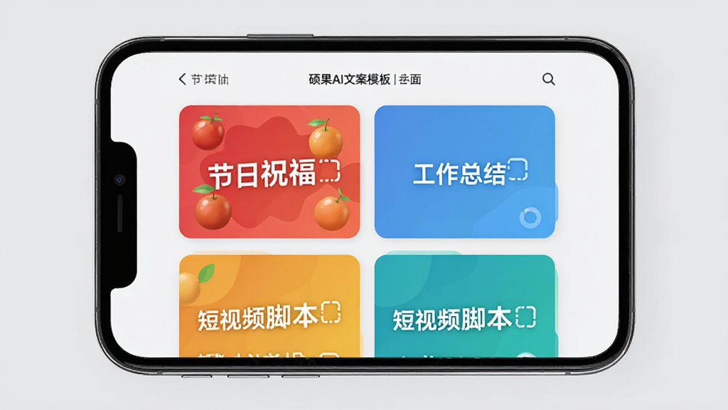 硕果AI文案模板选择界面,手机屏幕显示多个彩色模板卡片,卡片上标注节日祝福、工作总结、短视频脚本等字样,背景为浅灰色,风格商务简约,排版整齐,画质干净,无多余元素