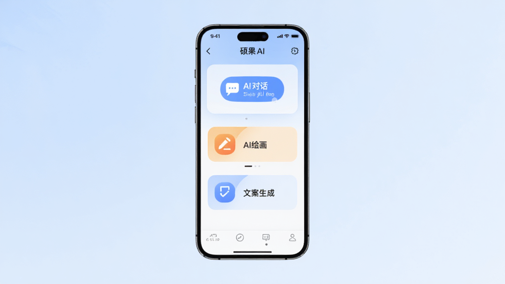 硕果AI软件主界面展示,画面中央放置一部智能手机,手机屏幕显示硕果AI应用首页,界面包含AI对话、AI绘画、文案生成三个功能入口图标,背景为淡蓝色渐变,风格简洁现代,细节清晰,画质干净,无多余元素