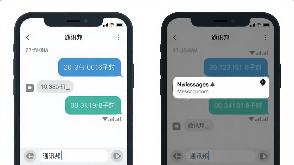 通讯邦即时消息收发场景,画面主体为两部手机并排展示,左侧手机正在输入文字消息,右侧手机同步弹出新消息提醒,布局居中对称,风格扁平化插画,细节包括聊天气泡、时间戳、网络信号图标与“通讯邦”文字标识,画质干净,无多余元素