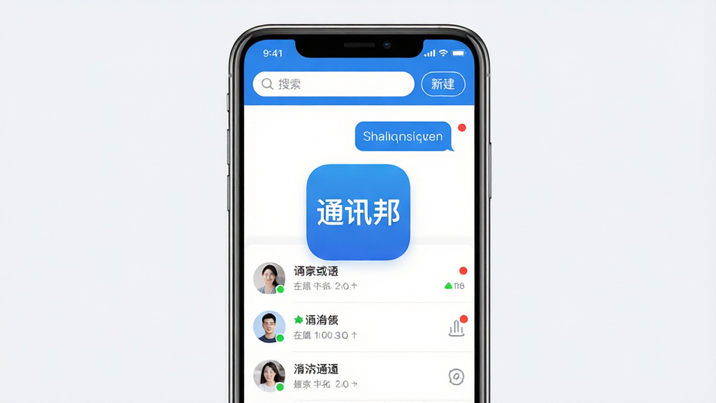 通讯邦软件主界面全貌展示,手机屏幕中央显示“通讯邦”应用图标与进入后的聊天列表页面,布局简洁,上方为搜索栏与新建对话按钮,下方为多个联系人对话条目,整体采用蓝白配色,风格清爽现代,细节上体现消息气泡、未读红点与在线状态标识,画质清晰,干净,无多余元素