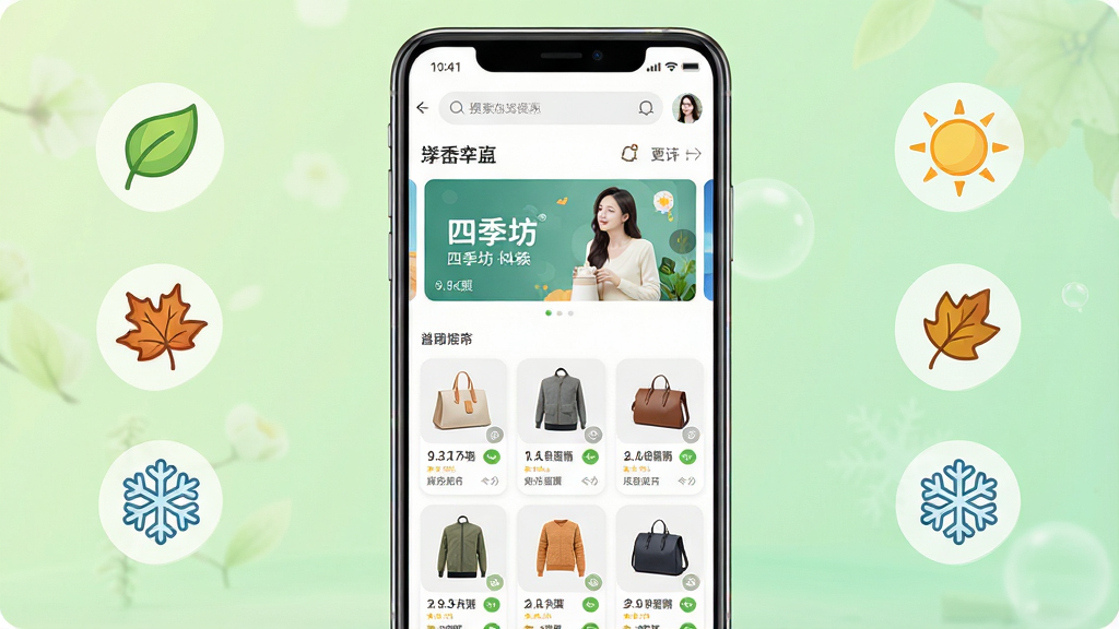 一幅以“四季坊”购物商城APP为主题的手机界面展示图,画面中央放置一部竖屏安卓手机,屏幕内呈现“四季坊”商城首页,包含顶部搜索框、中部轮播横幅、下方商品网格列表,背景为柔和浅绿色渐变,左右两侧点缀四季元素如春叶、夏阳、秋叶、冬雪的小图标,整体布局居中对称,风格清新明快,细节上手机边框有轻微反光,商品卡片圆角整齐,画质清晰干净,无多余元素