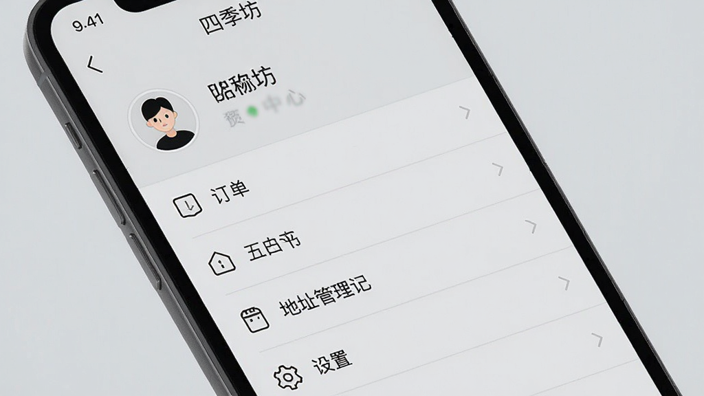 一张“四季坊”APP个人中心页面的界面展示图,画面为手机屏幕正面特写,屏幕内显示头像、昵称、订单入口、地址管理、设置等列表项,背景为浅灰色,风格素雅极简,细节上图标为线性风格,列表分隔线细而浅,画质清晰,无多余元素