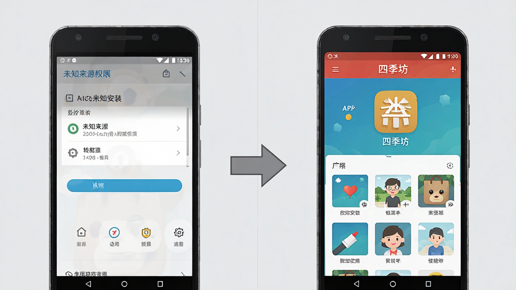 一幅展示“四季坊”APP在安卓手机上安装与使用的步骤示意图,画面分为左右两部分,左侧为手机设置中开启未知来源安装权限的界面,右侧为四季坊应用首页正常打开的界面,中间用箭头连接,背景为浅灰色,风格扁平化教学插画,细节上手机边框清晰,界面元素简洁,画质干净,无多余元素