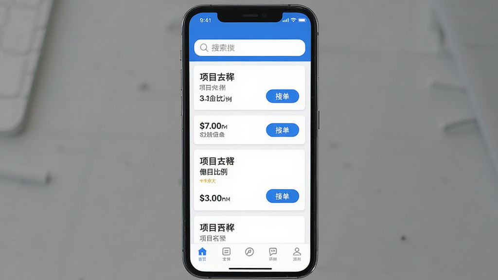 手机屏幕中显示项目推客应用主界面,界面顶部有搜索栏,中间是项目列表卡片,每张卡片包含项目名称、佣金比例和接单按钮,底部有导航栏,整体采用蓝白配色,扁平化设计风格,画面干净整洁,高清画质,无多余元素