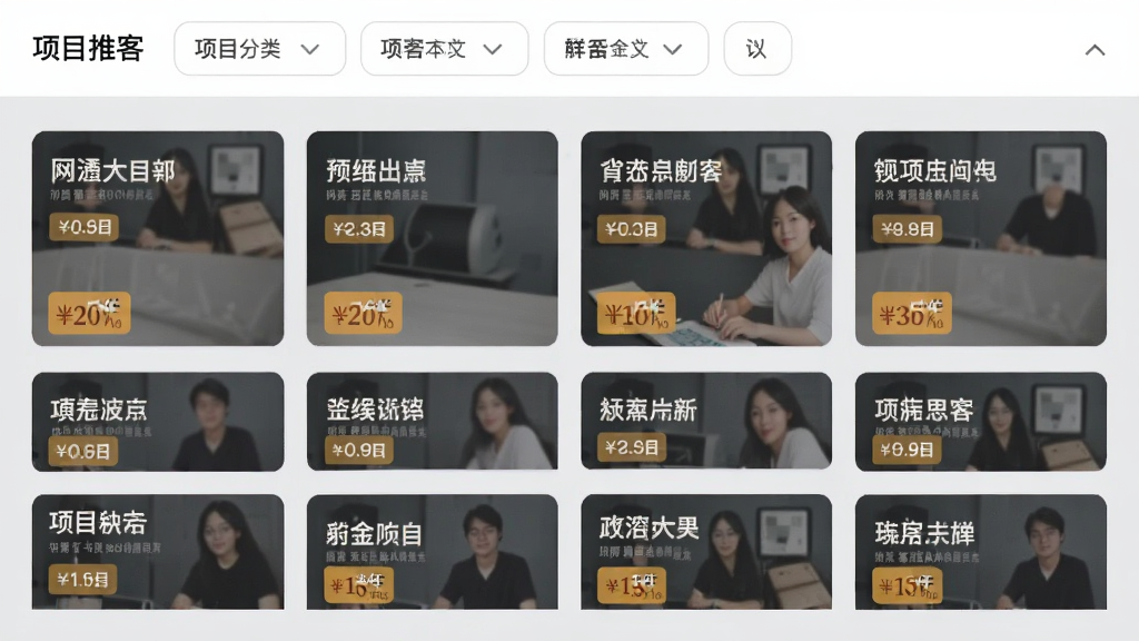项目推客应用内项目列表页面截图风格,画面中央是整齐排列的项目卡片,每张卡片上有项目名称和佣金标签,背景为浅灰色,顶部有分类筛选栏,整体布局清晰,现代简约风格,高清画质,干净无杂物