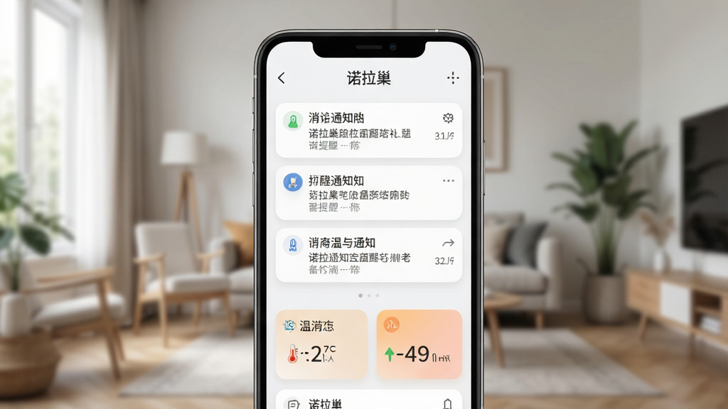 一张展示诺拉巢应用消息通知与设备状态面板的界面图,画面中手机屏幕显示多条设备提醒通知和温湿度数据卡片,背景为居家环境虚化处理,风格现代简洁,细节清晰,画质高清,画面中带有“诺拉巢”文字标识,干净无多余元素