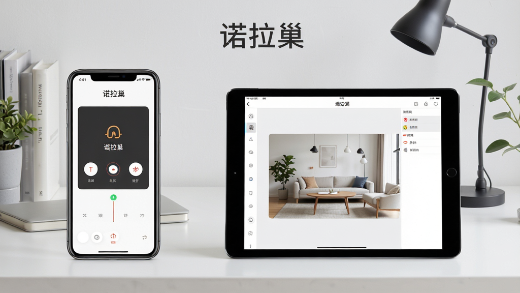 一张展示诺拉巢应用在手机与平板电脑上同步操作的场景图,画面左侧为手机显示设备控制界面,右侧为平板显示场景编辑界面,背景为现代家居书桌环境,风格简洁实用,细节清晰,画质高清,画面中带有“诺拉巢”文字标识,干净无多余元素