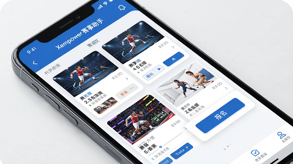 一张展示Xempower赛事助手赛事列表和报名详情页的预览图,画面中手机屏幕显示多个赛事卡片和报名按钮,界面配色以蓝白为主,布局整齐,风格清新,细节丰富,画质干净,无多余元素