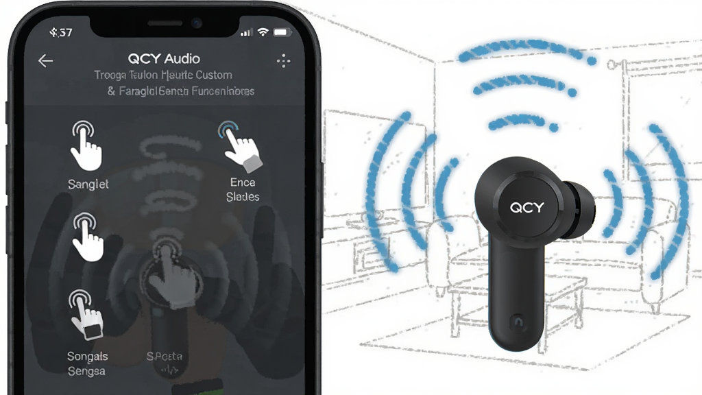 一张展示QCY Audio触控自定义与查找耳机功能的示意图,画面左侧为手机屏幕显示触控手势设置列表,右侧为一只QCY耳机发出声波符号,背景为室内客厅场景的简笔轮廓,布局为左右分栏,风格为轻量插画风,细节包括手势图标和声波弧线,画质清晰,干净,无多余元素