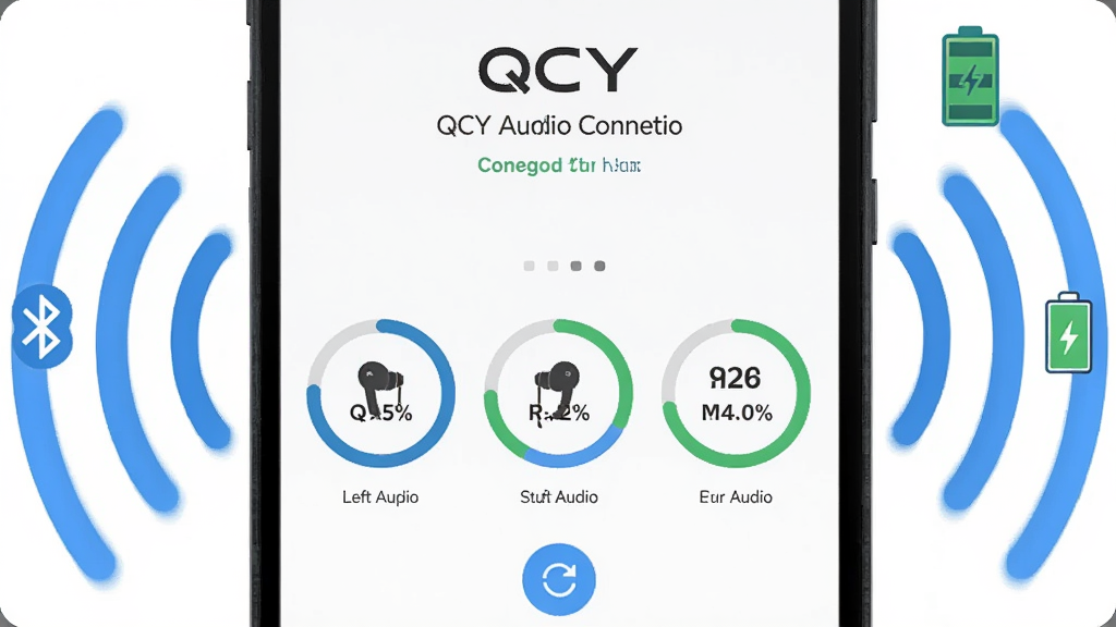 一张展示QCY Audio智能连接与电量监控功能的界面截图风格图片,画面主体为手机屏幕特写,屏幕上方显示已连接QCY耳机名称,下方三个电量圆环分别标注左耳、右耳和充电仓的百分比数值,手机周围环绕着蓝牙信号波纹和电池图标,布局为居中纵向排列,风格为扁平化UI设计,细节包括连接状态小字和刷新按钮,画质清晰,干净,无多余元素