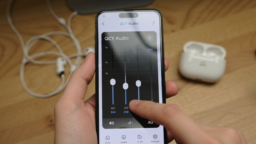 一张展示用户手持手机操作QCY Audio应用的场景图,画面为第一人称视角,手机屏幕显示均衡器调节界面,手指正在拖动滑块,背景为虚化的桌面和耳机充电仓,布局为居中特写,风格为生活化产品摄影,细节包括手指动作和屏幕反光,画质清晰,干净,无多余元素