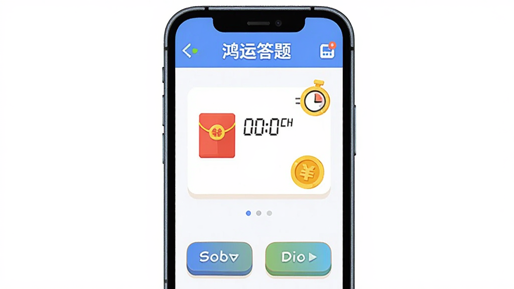 主体是一部智能手机,屏幕上显示“鸿运答题”应用界面,布局为顶部标题栏、中间答题卡片、底部选项按钮,排版简洁清晰,风格为扁平化卡通插画,细节包含红包图标、计时器、金币元素,画质高清,干净,无多余元素