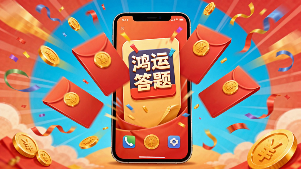 主体是手机与红包组合,布局为手机居中、红包从屏幕中飞出,排版为放射状构图,风格为喜庆热闹的插画风,细节包含“鸿运答题”Logo、金币、彩带,画质高清,干净,无多余元素