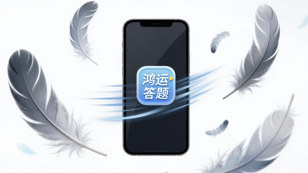 主体是手机与羽毛组合,布局为手机居中、羽毛环绕,排版为轻盈飘浮感,风格为极简清新风,细节包含“鸿运答题”图标、速度线条,画质高清,干净,无多余元素