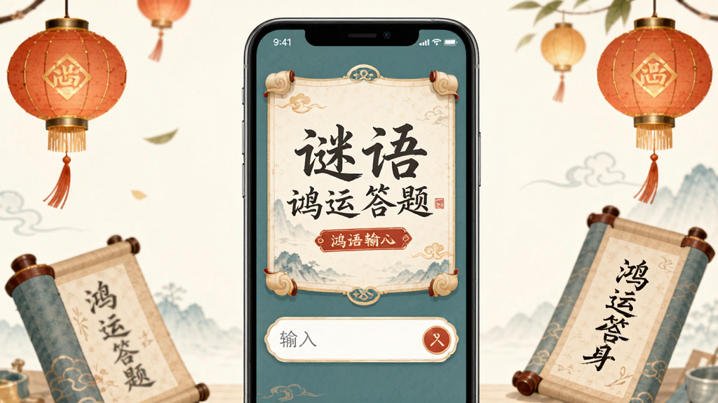 主体是手机屏幕展示谜语题目,布局为上方谜面下方输入框,排版为居中对称,风格为清新简约的国风插画,细节包含灯笼、卷轴、“鸿运答题”字样,画质高清,干净,无多余元素