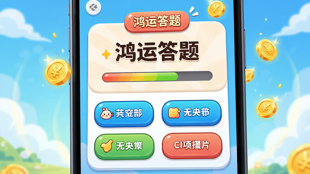 主体是手机屏幕特写,布局为居中答题卡片,上方显示题目文字,下方四个选项按钮,排版为上下结构,风格为明亮活泼的卡通风格,细节包含“鸿运答题”文字、进度条、金币飘落效果,画质高清,干净,无多余元素