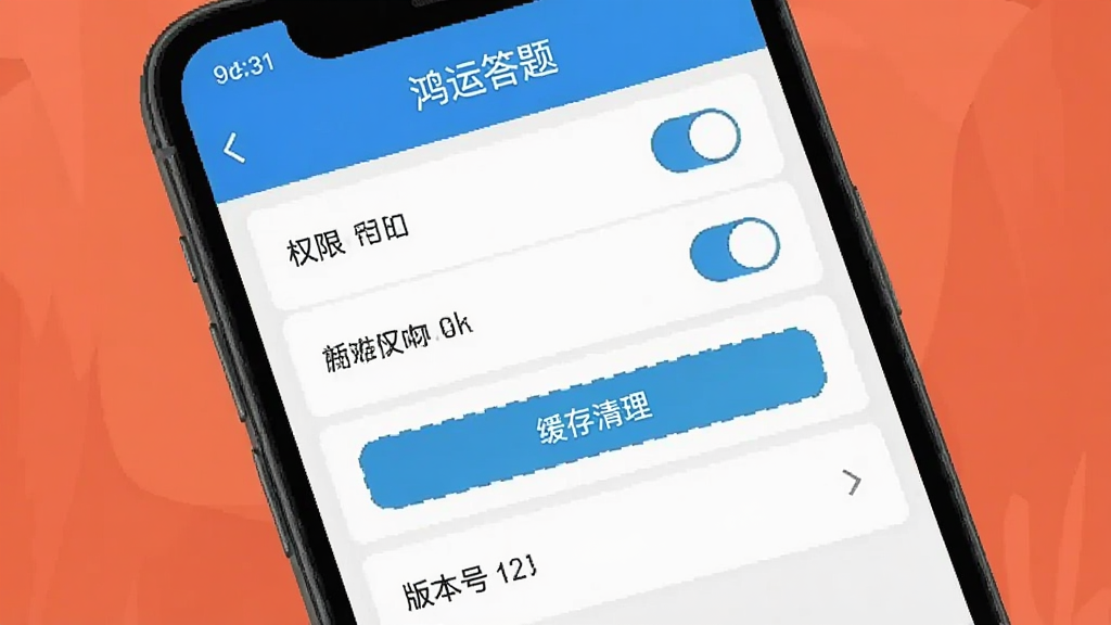 主体是手机屏幕显示“鸿运答题”设置页面,布局为列表式选项,排版为上下排列,风格为扁平化UI设计,细节包含权限开关、缓存清理按钮、版本号文字,画质高清,干净,无多余元素