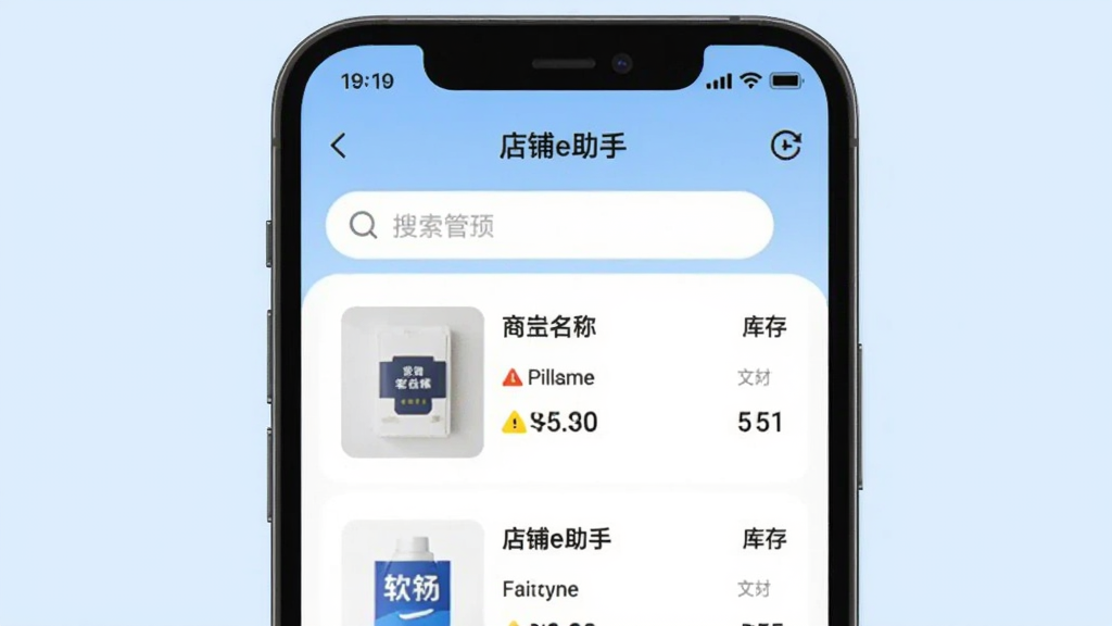 画面中央为一部手机,屏幕内显示“店铺e助手”商品管理页面,包含商品缩略图、名称、价格与库存数字,顶部有搜索框,背景为浅蓝色调,风格清新简约,细节上库存数字旁有黄色预警图标,画质清晰,干净,无多余元素
