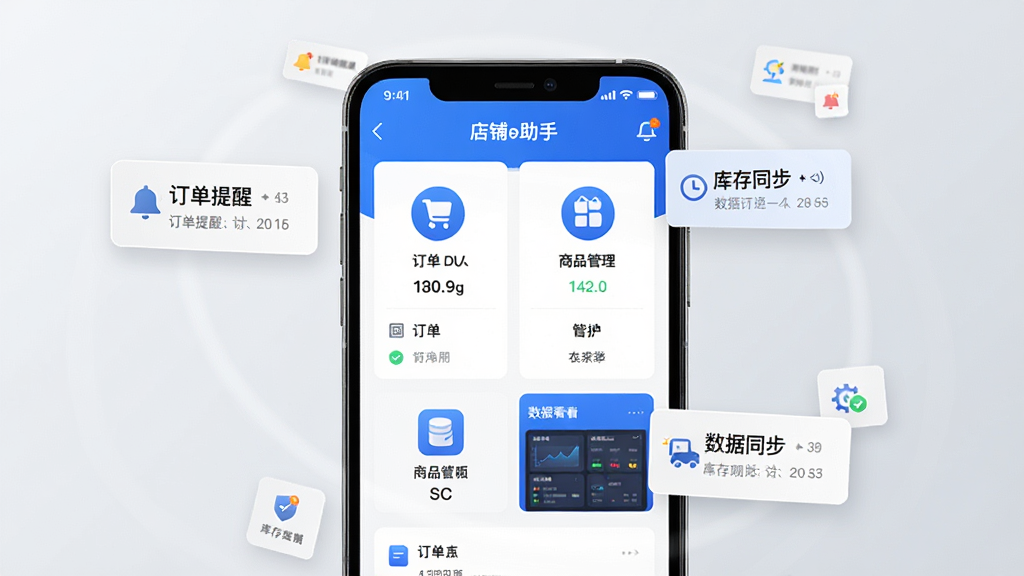画面中央展示一部智能手机,屏幕内呈现“店铺e助手”应用主界面,包含订单列表、商品管理、数据看板等模块图标,整体采用蓝白配色,布局简洁清晰,背景为浅灰色渐变,风格现代商务,细节上手机周围环绕小型悬浮卡片展示“订单提醒”“库存同步”等字样,画质清晰,干净,无多余元素