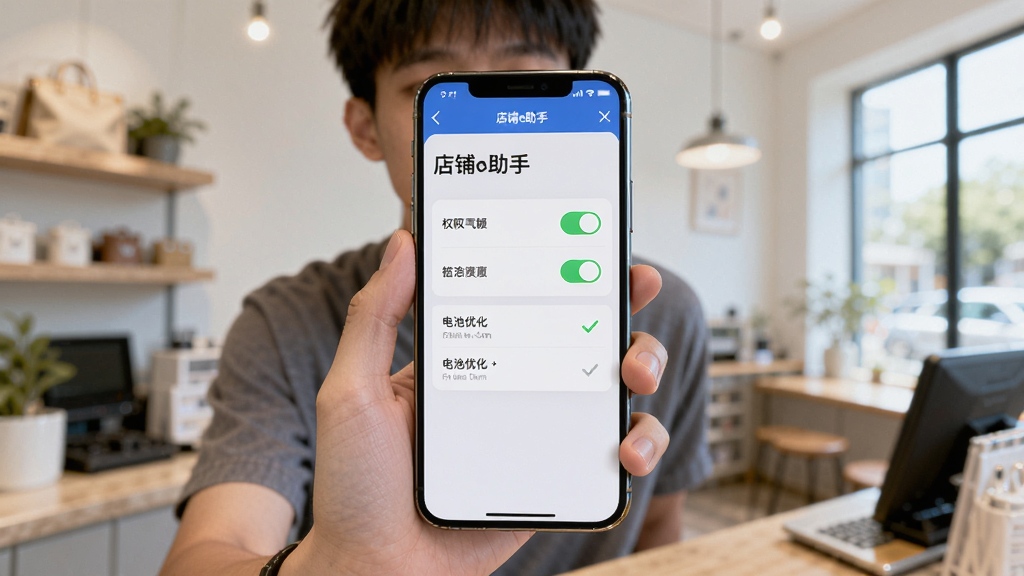 画面展示一名年轻店主手持手机,手机屏幕显示“店铺e助手”设置页面,页面中有权限开关与电池优化选项,背景为明亮室内环境,风格生活化,细节上手机屏幕有绿色勾选标记,画质清晰,干净,无多余元素