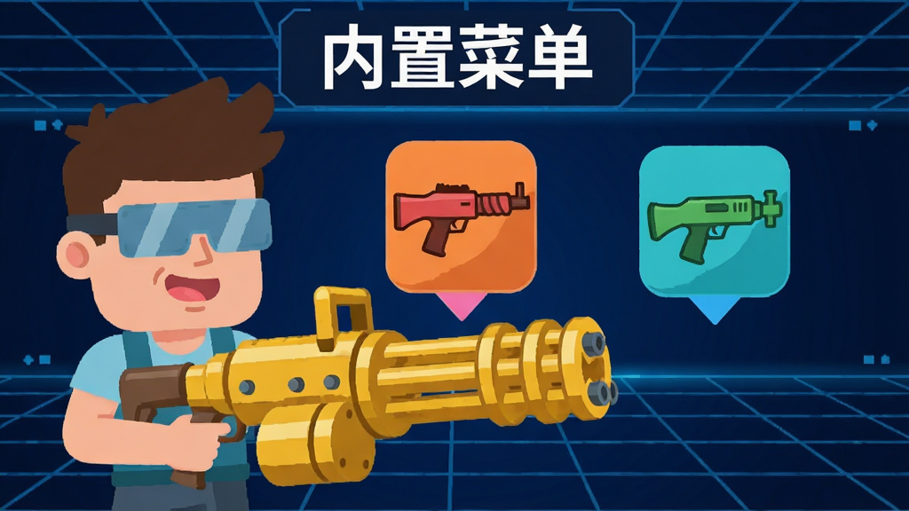 卡通风格的街机枪神游戏界面,画面中一个角色手持金色加特林机枪,面前漂浮着三把不同颜色的武器图标,上方显示“内置菜单”四个字,背景为深蓝色科技感网格,整体采用扁平化设计,色彩对比鲜明,画质干净清晰。