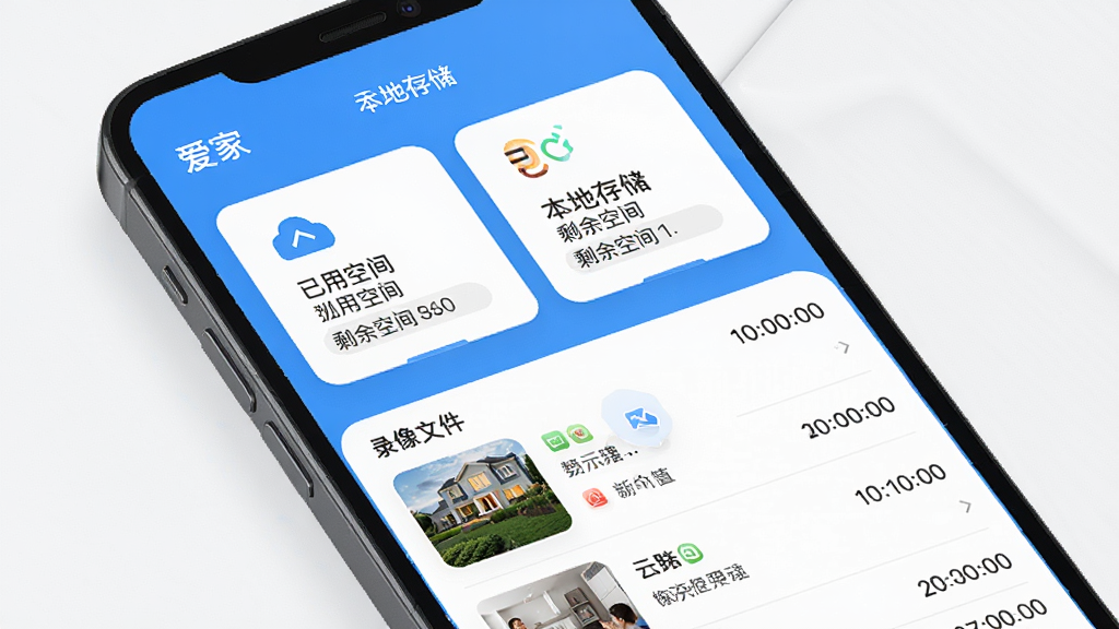 爱家远程监控看家存储管理界面展示,手机屏幕显示云端存储和本地存储两个选项卡片,标注已用空间和剩余空间,下方有录像文件列表带时间戳,界面配色清新蓝白,布局简洁明了,风格现代实用,细节清晰,画质高清干净无多余元素