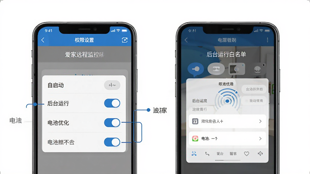 爱家远程监控看家使用技巧示意图,手机屏幕展示权限设置页面和后台运行白名单界面,标注自启动、后台运行、电池优化三个关键开关,画面风格简洁清晰,配色蓝白灰,布局条理分明,细节明确,画质高清干净无多余元素