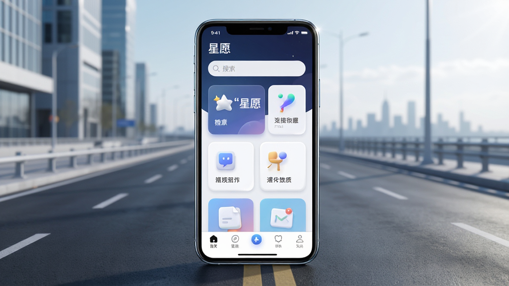 画面主体为一部智能手机,屏幕中显示“星愿”APP的主界面,界面布局简洁,上方有搜索栏,中部有卡片式功能入口,底部有导航栏。背景为现代城市道路与远处的地平线,风格为写实科技风,细节包括手机边框的反光、界面图标的微立体感。画质清晰,干净,无多余元素,画面中文字必须加引号“星愿”。