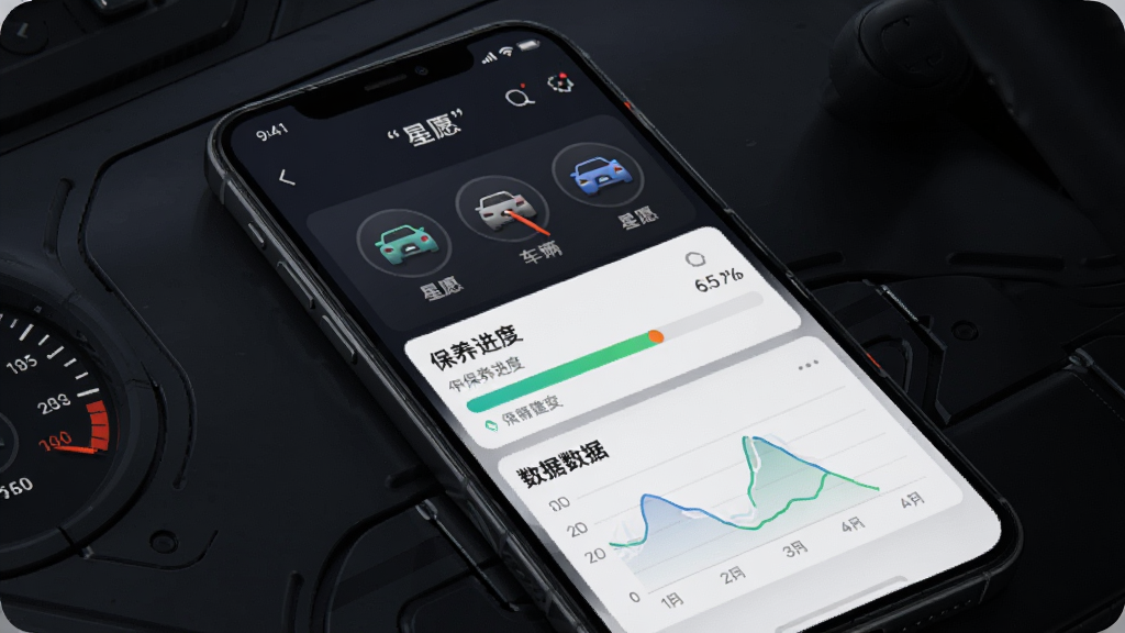 画面主体为手机屏幕显示星愿APP的车辆管理界面,界面中有车辆图标、保养进度条、数据图表。布局为竖向展示手机界面,背景为深色科技感纹理。风格为写实UI风,细节包括仪表盘指针、数据高亮色块。画质清晰,干净,无多余元素,画面中文字必须加引号“星愿”。