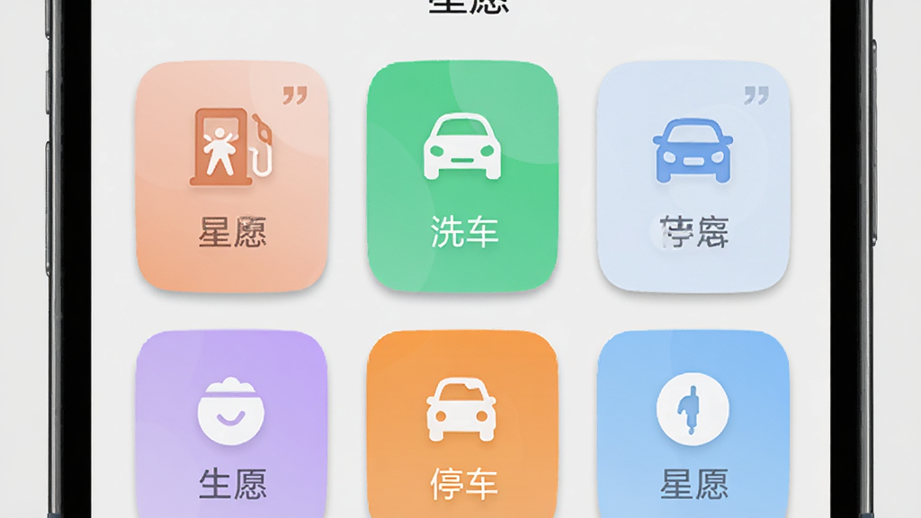 画面主体为手机屏幕显示星愿APP的生活服务页面,页面中有加油、洗车、停车等图标按钮。布局为网格状排列,背景为浅灰色。风格为清新简约风,细节包括图标阴影、按钮的圆角处理。画质清晰,干净,无多余元素,画面中文字必须加引号“星愿”。