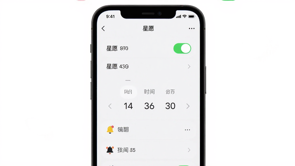 画面主体为手机屏幕显示星愿APP的提醒设置界面,界面中有开关按钮、时间选择器、铃铛图标。布局为竖向列表形式,背景为白色。风格为极简风,细节包括开关的绿色高亮、时间数字的清晰显示。画质清晰,干净,无多余元素,画面中文字必须加引号“星愿”。