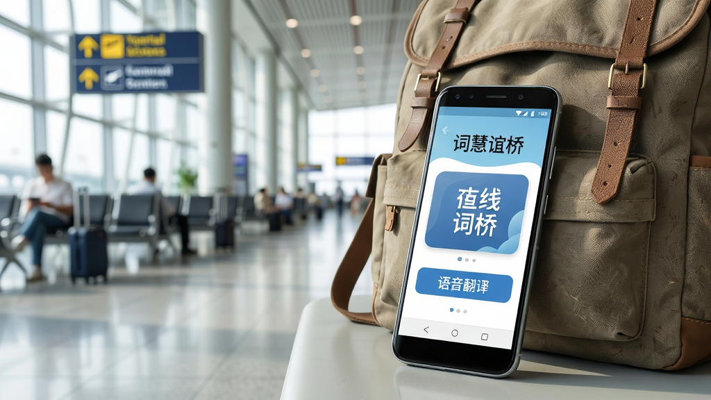 一部安卓手机放在旅行背包旁边,手机屏幕上显示“词慧谊桥”应用界面,界面中有离线词典和语音翻译按钮,背景是机场候机厅或火车站场景,风格明亮清新,布局自然,细节清晰,画质高清,干净,无多余元素