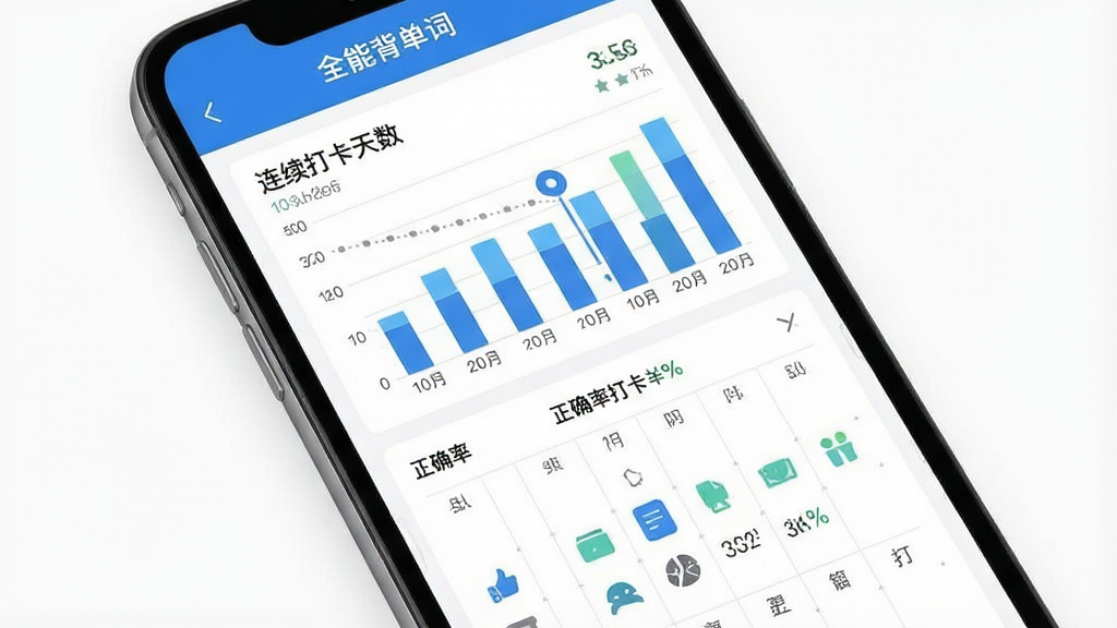一张展示全能背单词学习数据统计页面的图片,主体为手机屏幕显示柱状图和日历打卡记录,布局上下结构,风格简约商务,细节包括连续打卡天数和正确率百分比,背景为白色,画质清晰干净,图中文字包含“全能背单词”