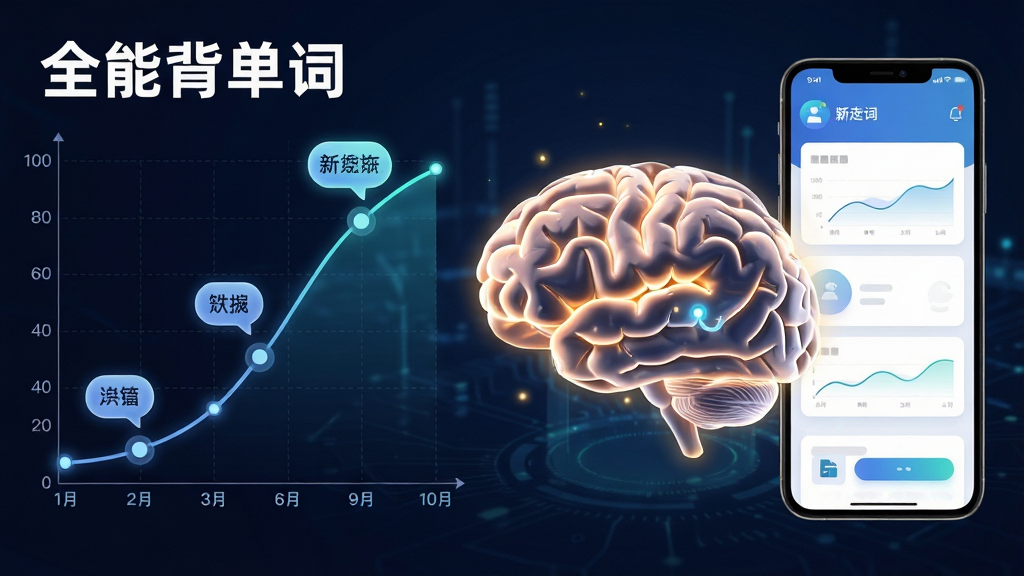 一幅AI生图,画面主体是一个发光的智能大脑与单词卡片连接,布局为左右结构,左侧是记忆曲线图表,右侧是手机界面,排版整齐,风格科技感与学习氛围结合,细节包括曲线上的节点和单词气泡,画质高清干净,图中文字标注“全能背单词”