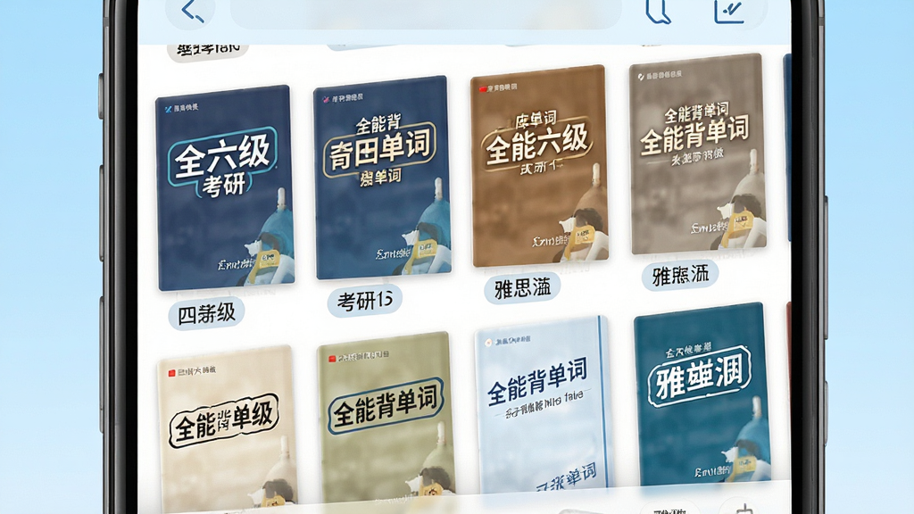 一张展示全能背单词词库选择界面的图片,主体为手机屏幕显示多本词汇书封面,布局为网格排列,风格整洁明快,细节包括四六级、考研、雅思等标签,背景为浅蓝色渐变,画质清晰干净,图中文字包含“全能背单词”