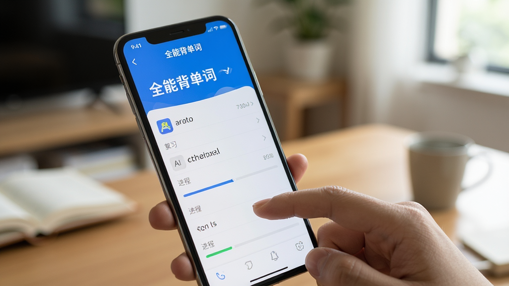 一张展示全能背单词在手机上运行流畅界面的图片,主体为手持手机显示单词复习页面,布局为竖屏特写,风格生活化,细节包括手指点击屏幕和进度条,背景为室内环境,画质清晰干净,图中文字包含“全能背单词”