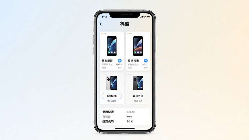 手机租赁应用主界面展示图,画面中央是一部智能手机屏幕,屏幕上显示着“机盟”应用的主页界面,界面中包含多款手机型号的卡片式列表、租期选择按钮和费用说明区域,背景为简洁的浅色渐变,整体风格干净明亮,画质清晰,无多余元素