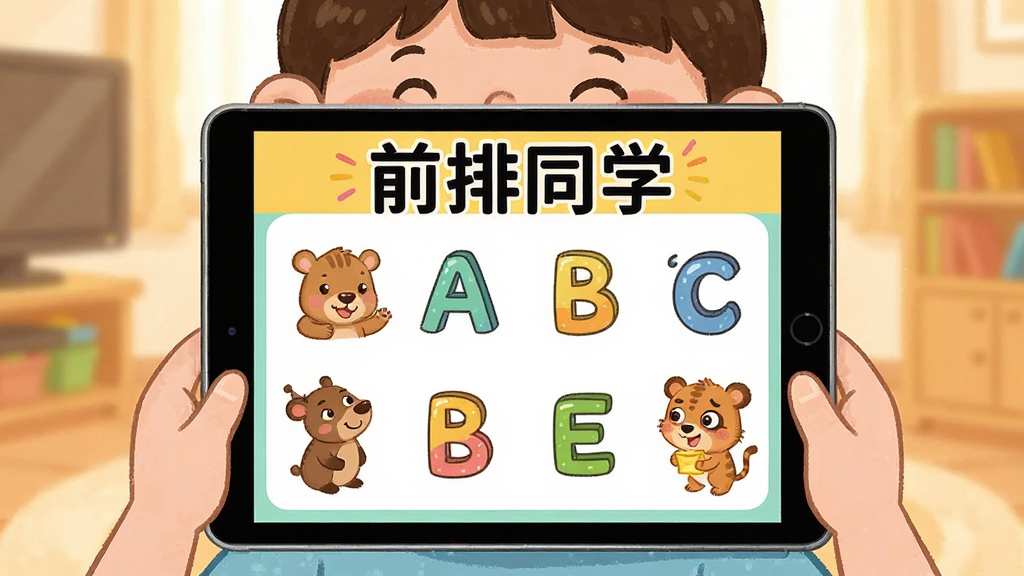一张展示儿童在平板电脑前观看动画学习英语的场景图,画面明亮温馨,平板屏幕上显示卡通动物和英文字母,标题文字为