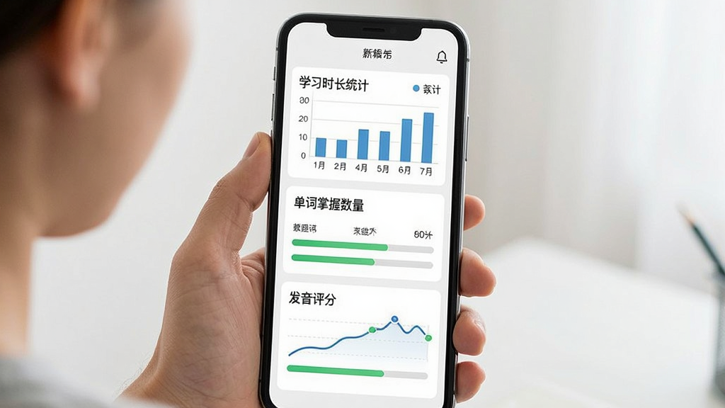 一张展示家长查看孩子学习报告的界面图,画面中有数据图表和进度条,布局为手机屏幕展示,风格为简约信息图风格,细节包括学习时长统计、单词掌握数量、发音评分曲线,画质清晰,干净,无多余元素