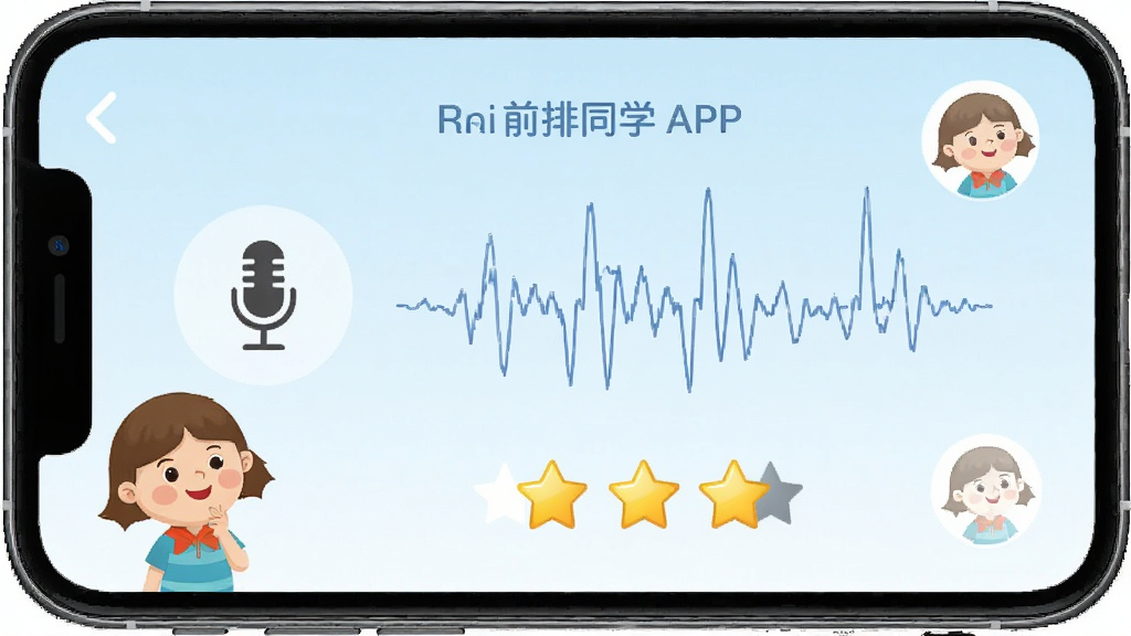 一张展示儿童使用前排同学APP进行英语跟读的界面截图风格图,画面中有麦克风图标和发音评分星星,布局为手机屏幕展示,风格为UI界面风格,细节包括卡通角色、发音波形、评分星级,画质清晰,干净,无多余元素