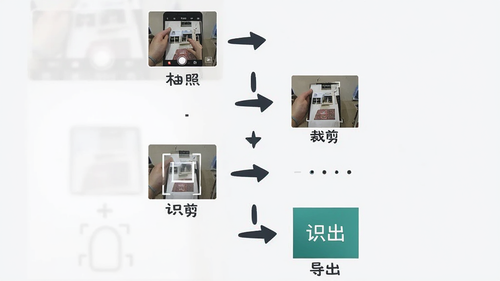 万能扫描大师操作流程示意图,主体为手机界面分步骤展示拍照、裁剪、识别、导出四个环节,布局为纵向流程排列,排版用箭头连接,风格为简约教程风,细节包括每一步的界面缩略图与文字标注,画质清晰,干净,无多余元素