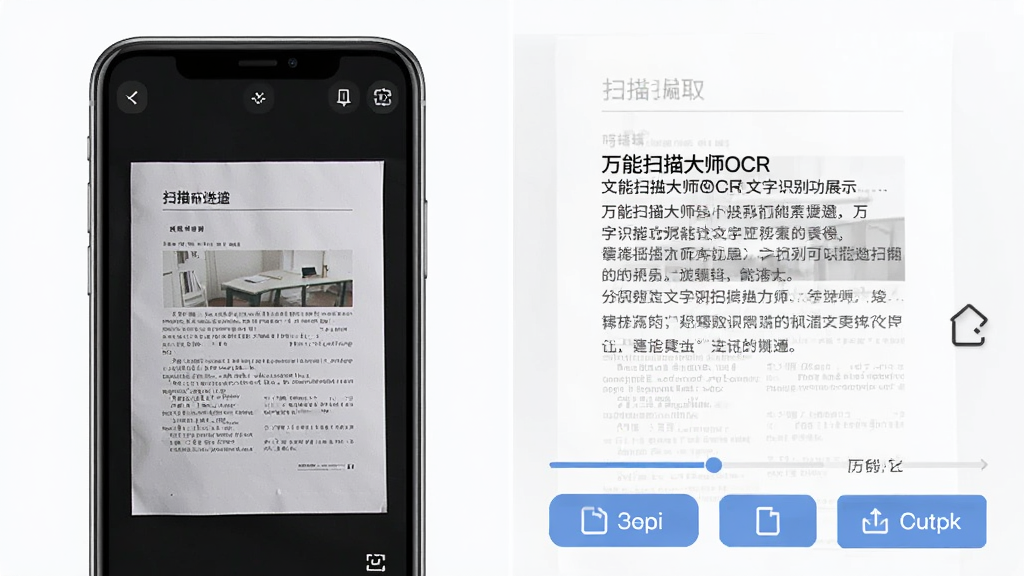 万能扫描大师OCR文字识别功能展示,主体为手机屏幕中左侧显示纸质文档照片,右侧显示提取出的可编辑文字,布局为左右分栏对比,排版整齐,风格为清爽办公风,细节包括识别进度条、复制按钮、导出选项,画质清晰,干净,无多余元素