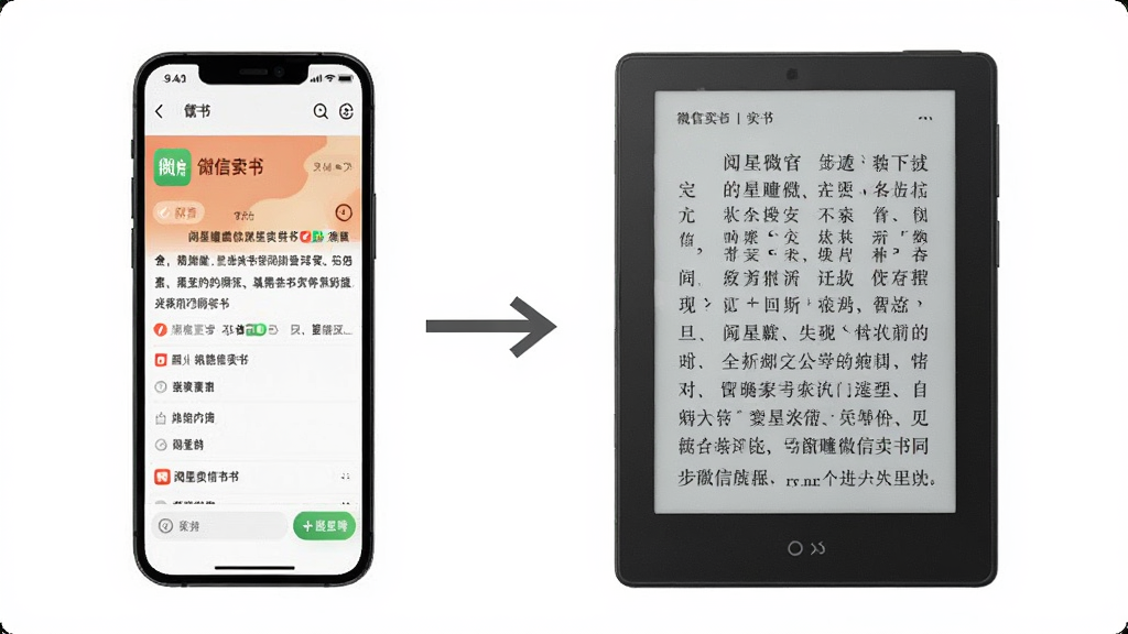 一张展示阅星微信读书同步功能的图片,画面中手机显示微信读书界面,箭头指向墨水屏设备,墨水屏上显示微信读书的书籍页面,风格现代,细节清晰,画质干净,无多余元素