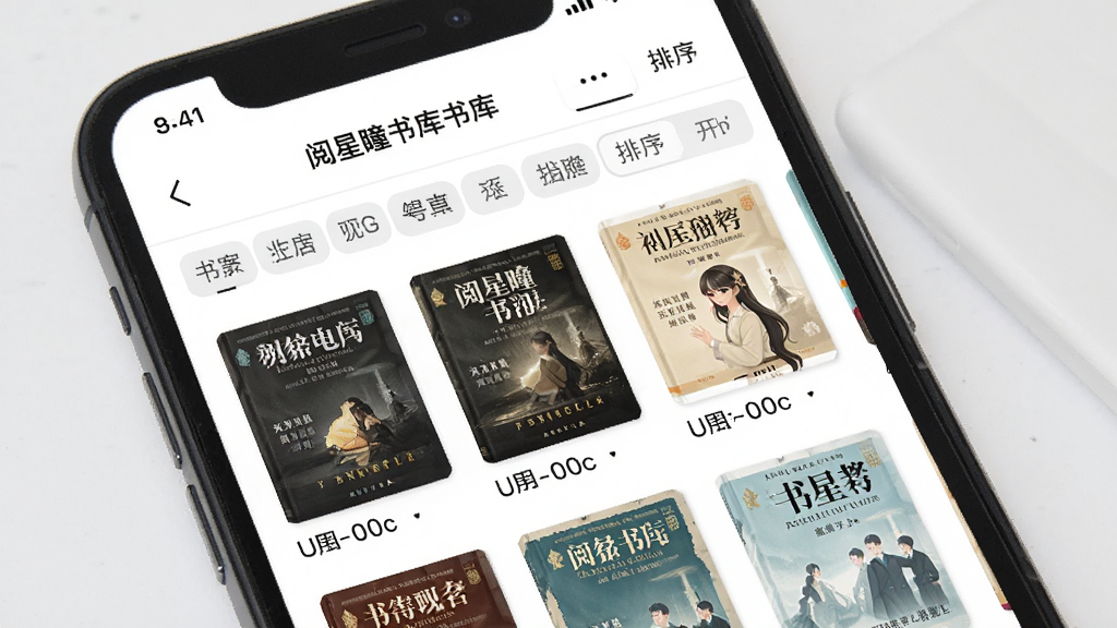 一张展示阅星书库管理功能的图片,画面中手机屏幕显示书库列表,有分类标签和排序选项,书籍封面整齐排列,风格整洁,细节清晰,画质干净,无多余元素