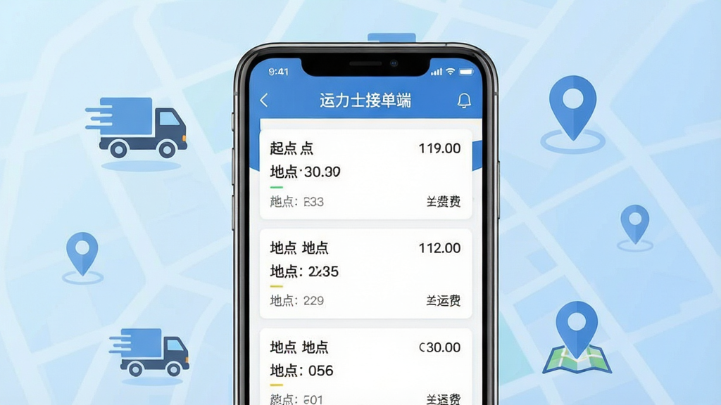 一张展示运力士接单端手机应用主界面的图片,画面中央是一部竖屏智能手机,手机屏幕显示运力士接单端APP的订单列表页面,顶部有“运力士接单端”字样,页面中展示多个货运订单卡片包含起点终点和运费信息,手机周围环绕简洁的货车图标和地图定位符号,背景为浅蓝色渐变,风格为扁平化科技风,细节清晰,画质干净,无多余元素,整体色调清爽专业