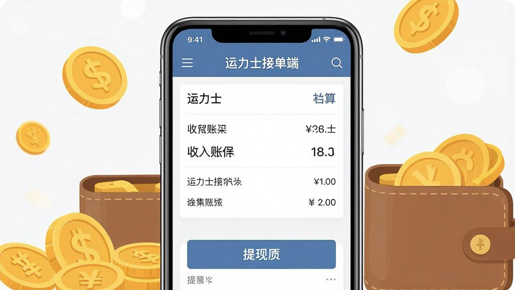 一张展示运力士接单端收入结算页面的图片,画面主体为手机屏幕显示收入账单和提现按钮,屏幕上有“运力士接单端”标识,背景为金色硬币和钱包元素,风格为扁平化金融风,细节清晰,画质干净,无多余元素